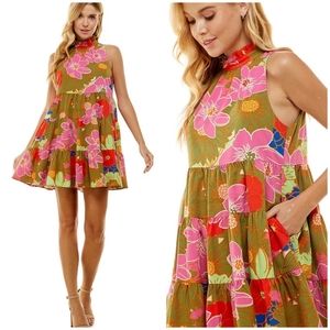 TCEC Floral Mock Neck Tiered Short Swing  Dress